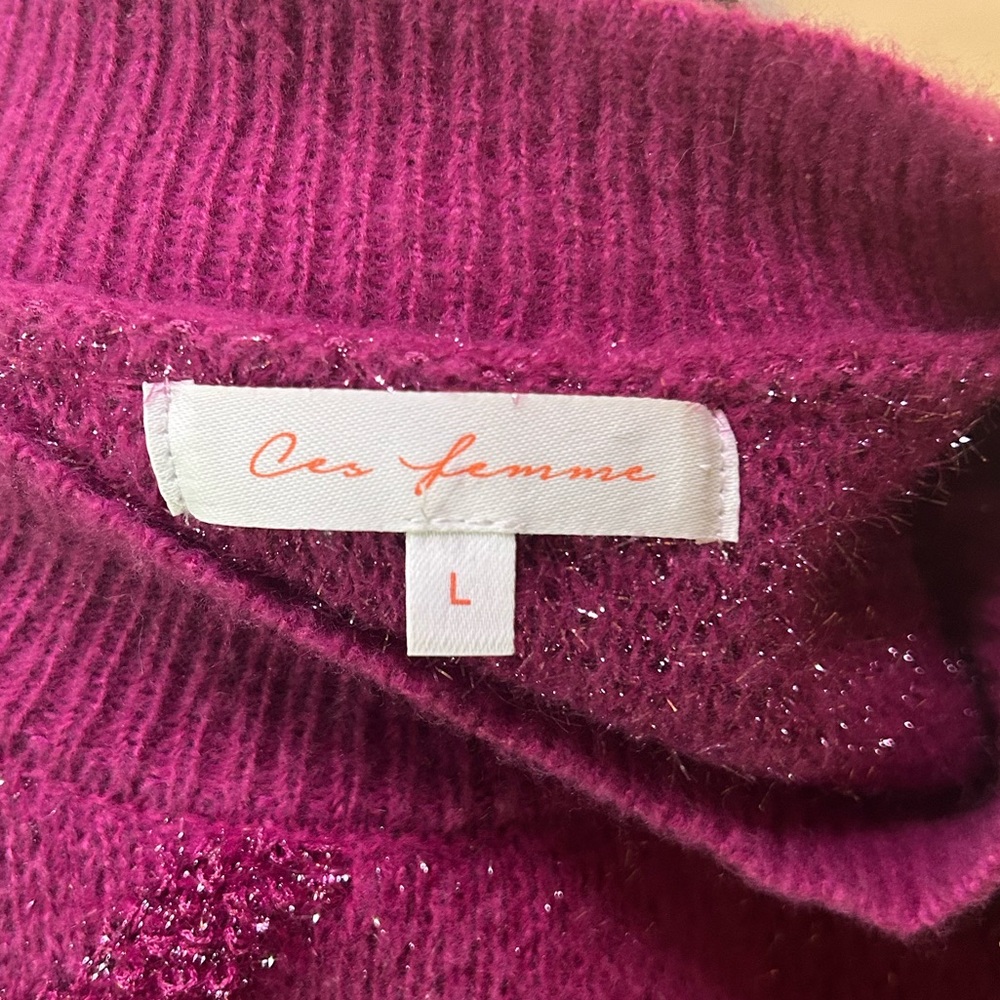 Ces Femme Pink Fuzzy Sparkly Knit Sweater Short Puff Sleeves Size Large - Picture 7 of 8
